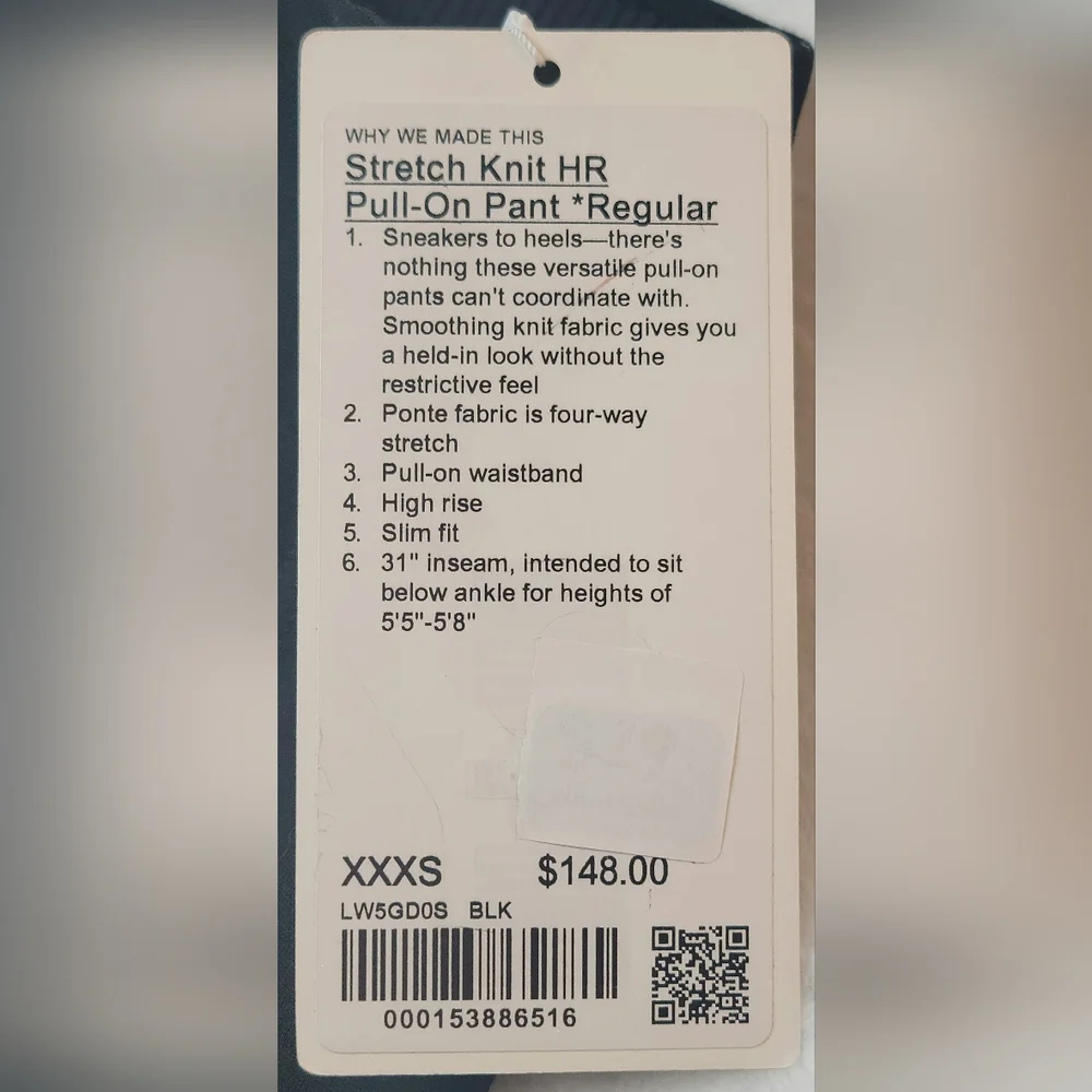 NWT Lululemon Stretch Knit High-Rise Pull-On Pant *Regular Women's Black Sz XXXS - Picture 13 of 16